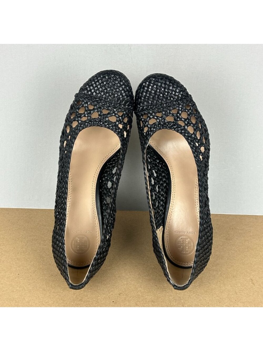 Tory Burch Grove Woven 100mm Pumps Womens 9.5 Black Leather Horseshoe Heel - Picture 9 of 10